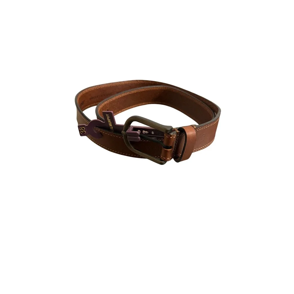 420.Johnston & Murphy Men Double Contrast Stitch Belt Tan SZ 38 Genuine Leather
